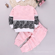 2021 Autumn Children′s Wear New Lace Splicing Long Sleeve Sweatshirt Pants Two Children′s Set Wholesale